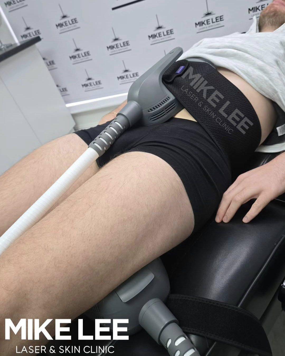 Em-Body Sculpt Pro applicator being used on a client at Mike Lee Laser & Skin Clinic